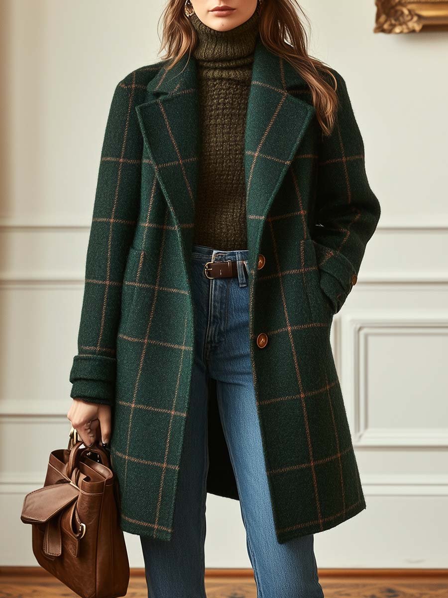 Dark green windowpane plaid tweed coat with long sleeves and button front