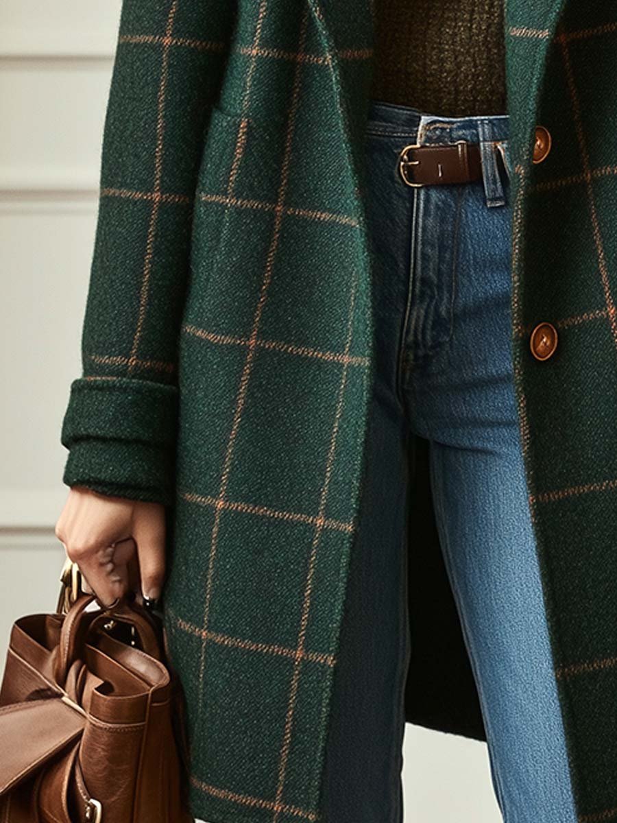 Dark green plaid tweed coat waist: button placket and sleeve cuff detail