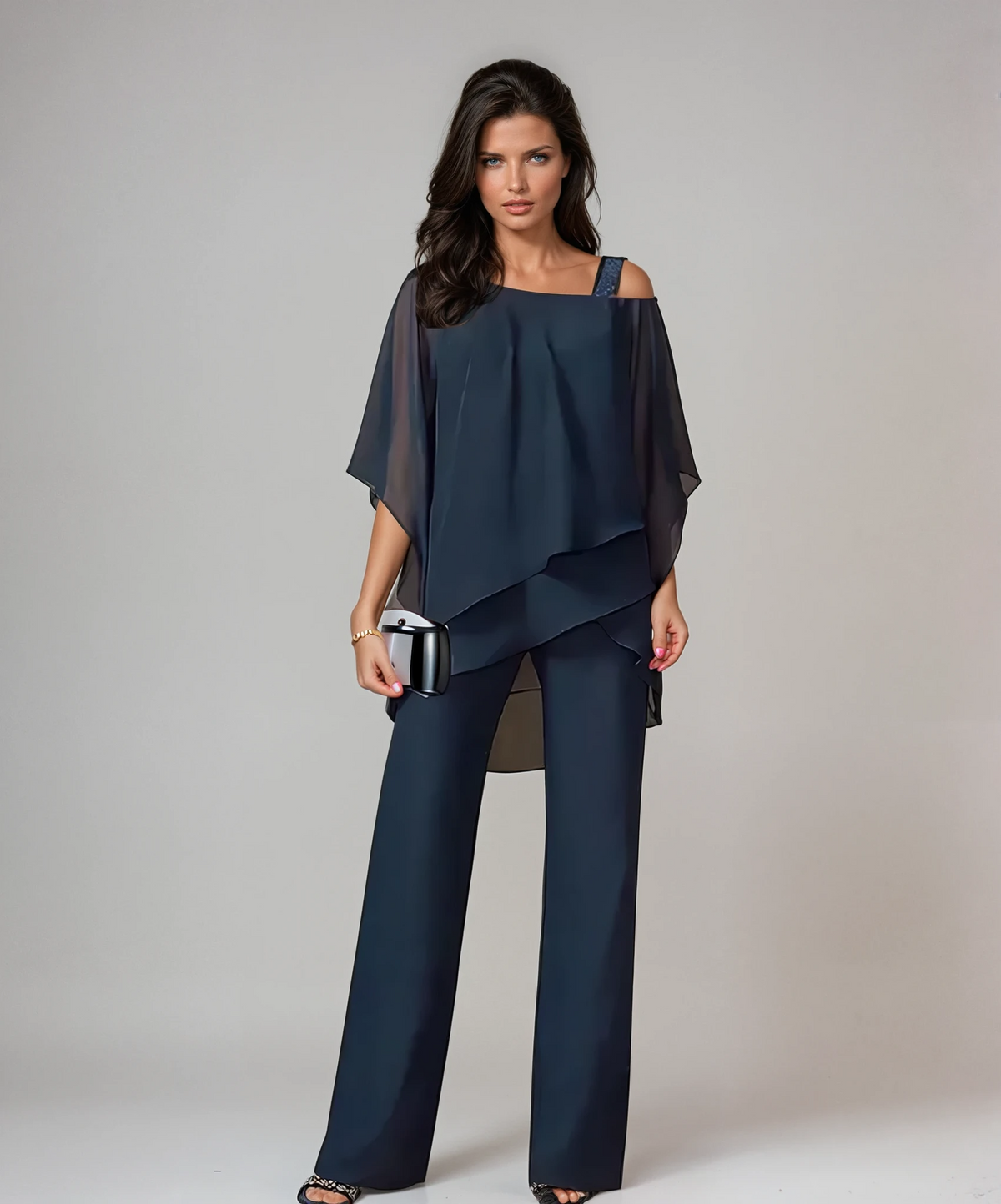 Navy layered cold-shoulder blouse with asymmetrical drape and wide-leg pants set