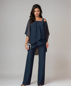 Navy layered cold-shoulder blouse with asymmetrical drape and wide-leg pants set