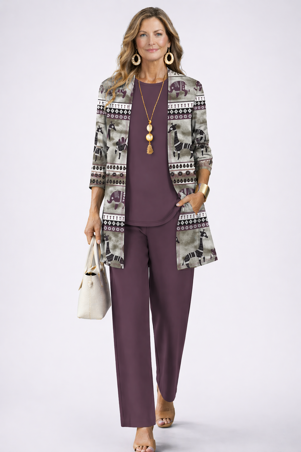 Plum purple 3-piece set: patterned open-front cardigan, long-sleeve top, trousers
