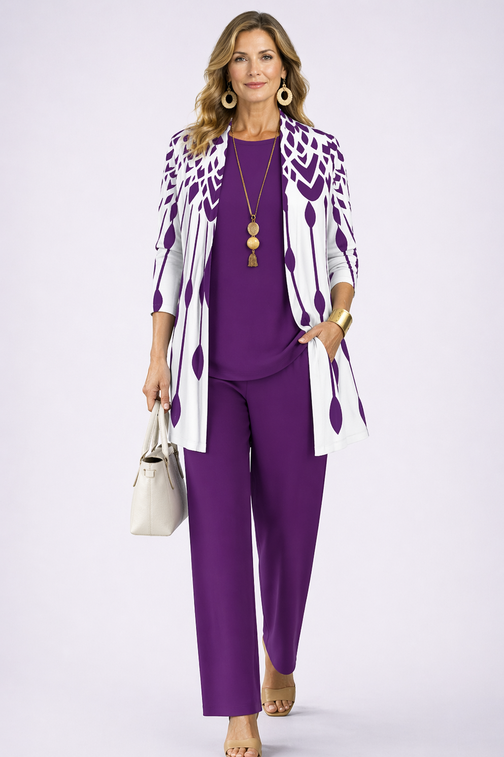 Women's 3-piece purple set with patterned white jacket, purple top, slim trousers