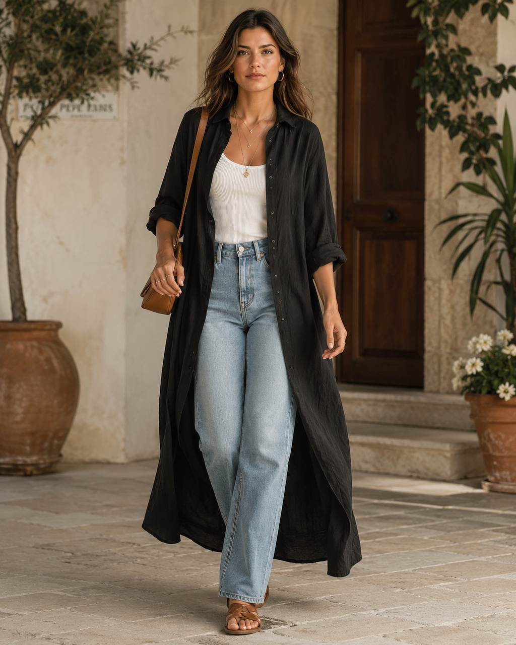 Black button-front long shirt dress with three-quarter sleeves and side opening