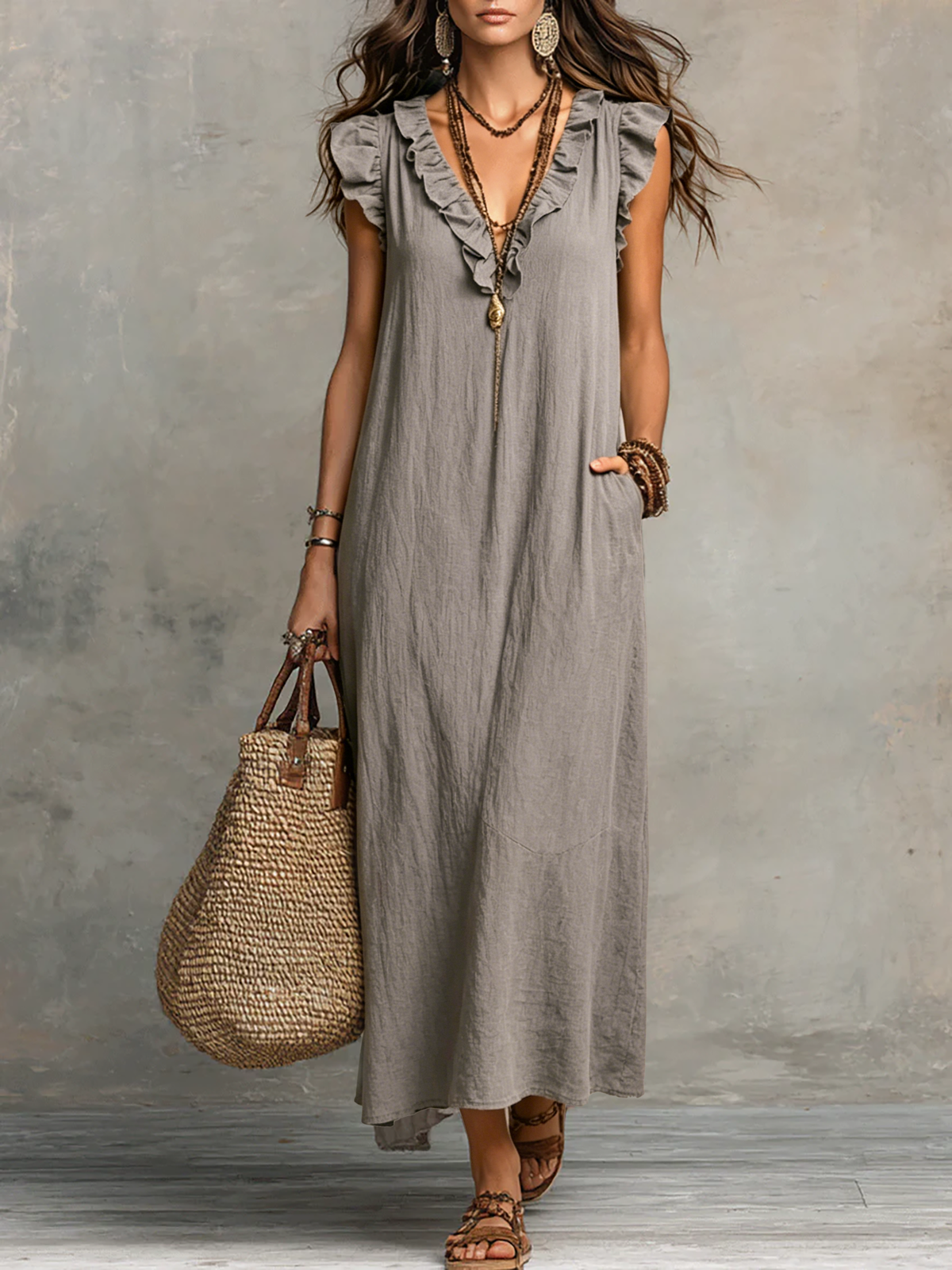 Grey sleeveless ruffle V-neck maxi dress with flowy drape, front view.