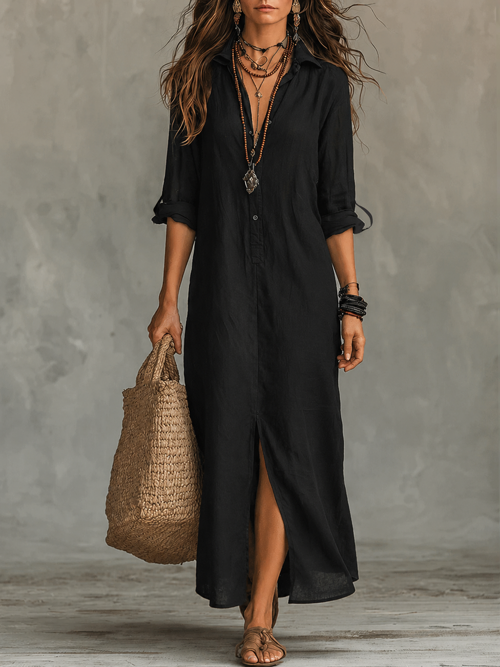 Black button-front maxi shirt dress with three-quarter sleeves and side slit