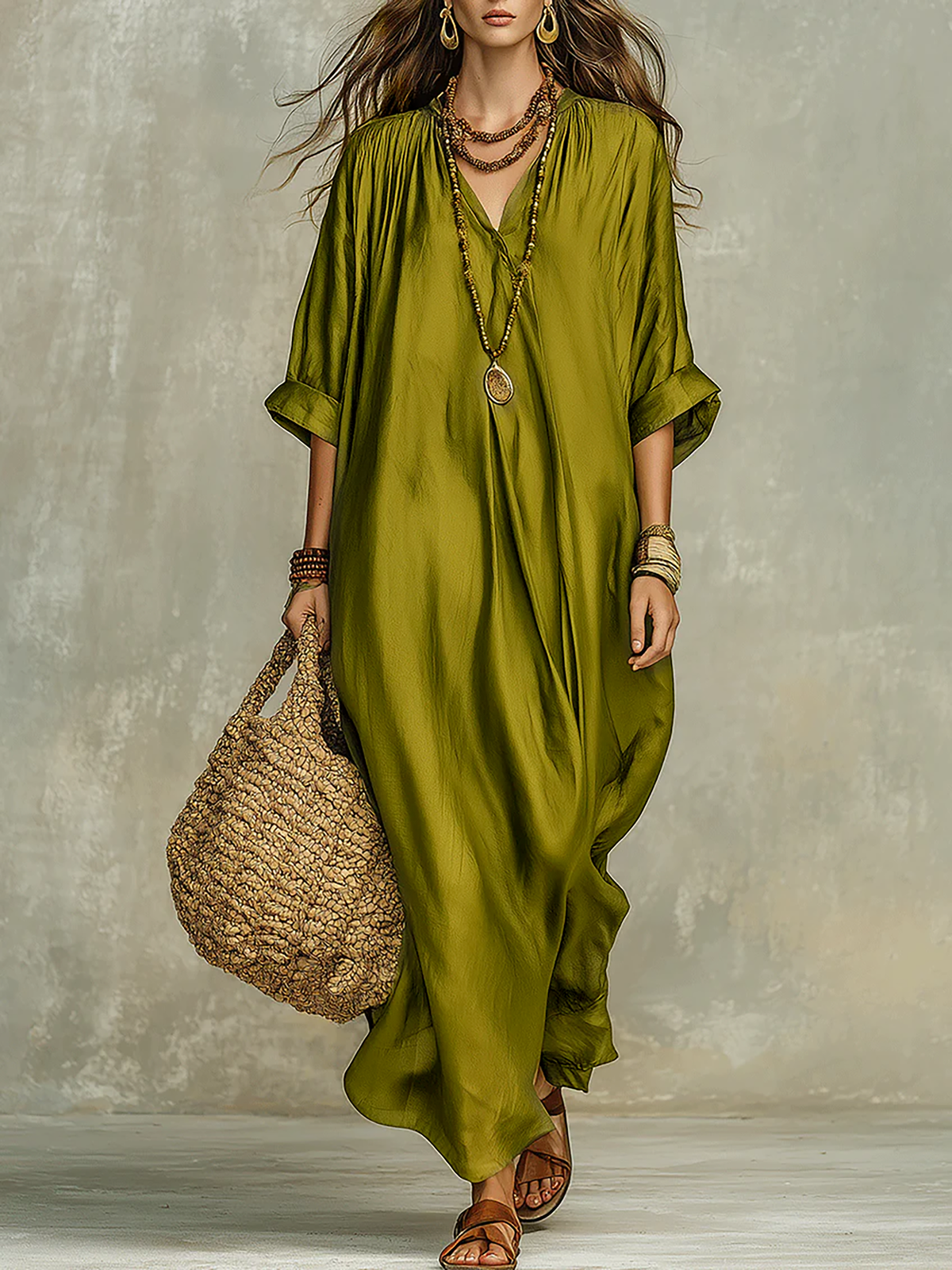 Olive green bohemian maxi dress, loose V-neck, gathered 3/4 sleeves