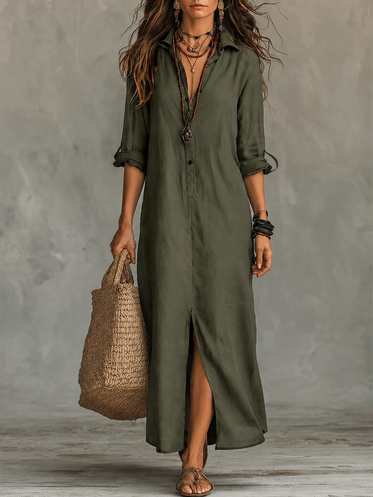 Olive green button-front maxi shirt dress with three-quarter sleeves and side slit