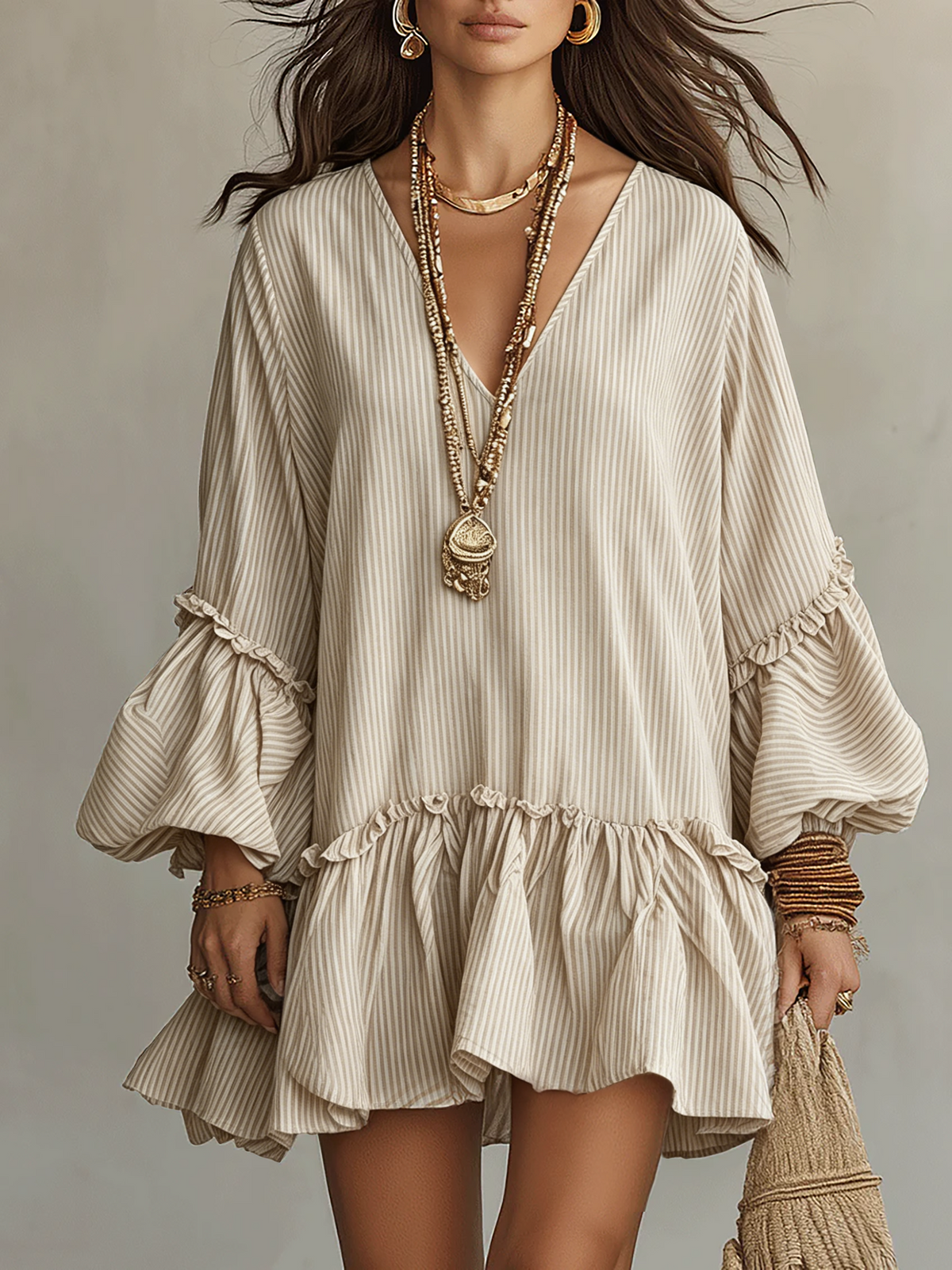 Off-white striped boho mini dress with ruffled waist and tiered peplum hem