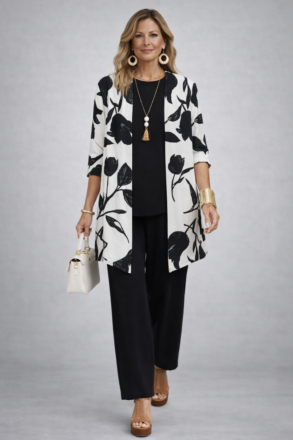 Black 3-piece set: floral open jacket, black pants, layered top