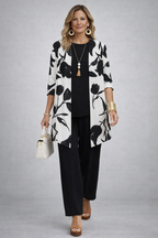 Black 3-piece set: floral open jacket, black pants, layered top