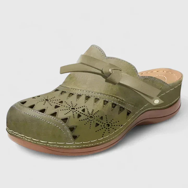 Olive perforated mule sandals with wide strap and cushioned outsole