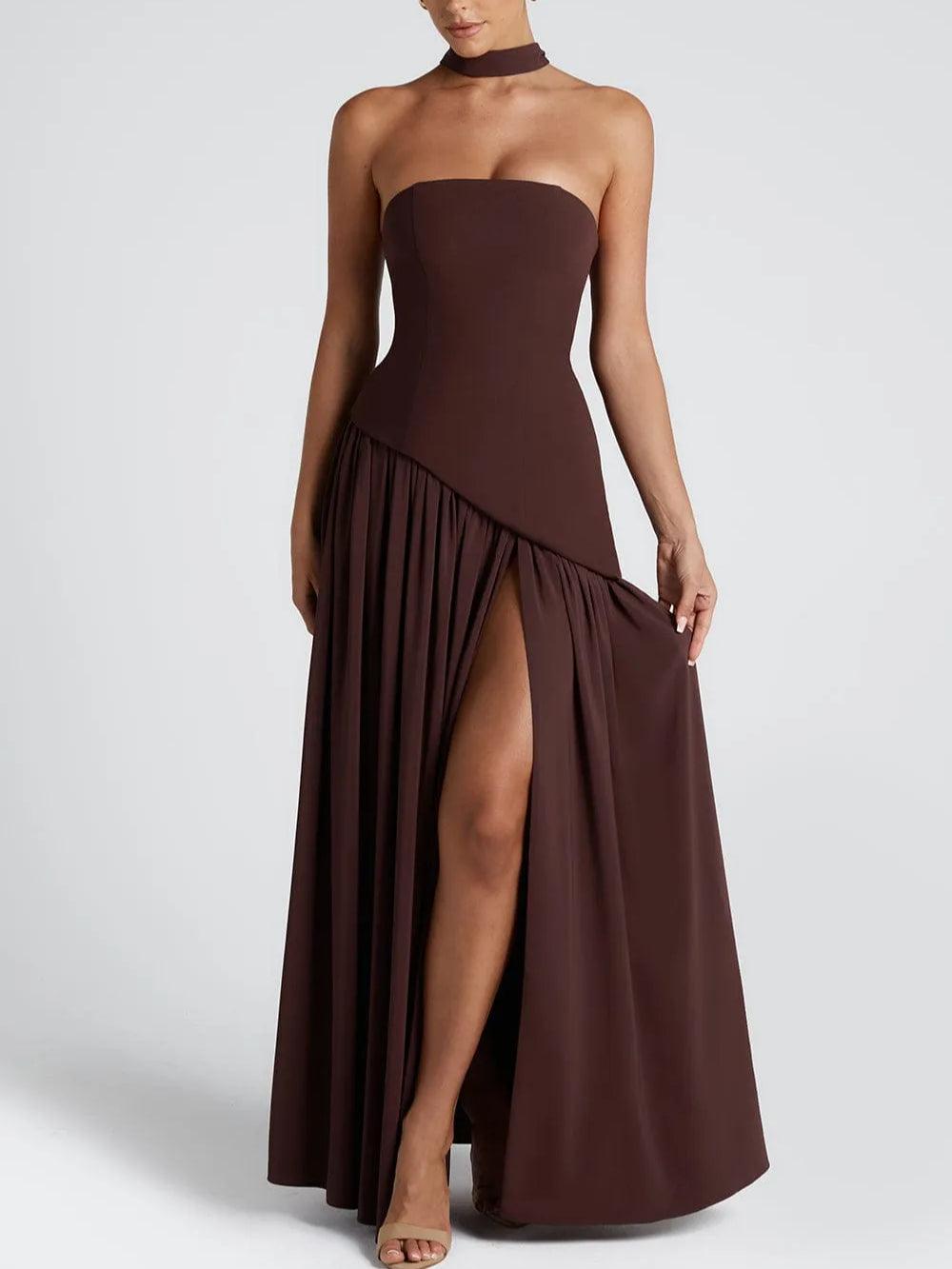 Strapless wine maxi dress with diagonal drape and thigh-high slit