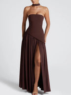 Strapless maxi dress in deep maroon with side slit and ruched ribbon waist detail