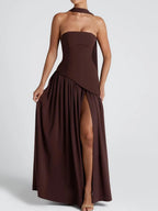 Strapless maxi dress, deep maroon, draped skirt with side slit and ribbon waist