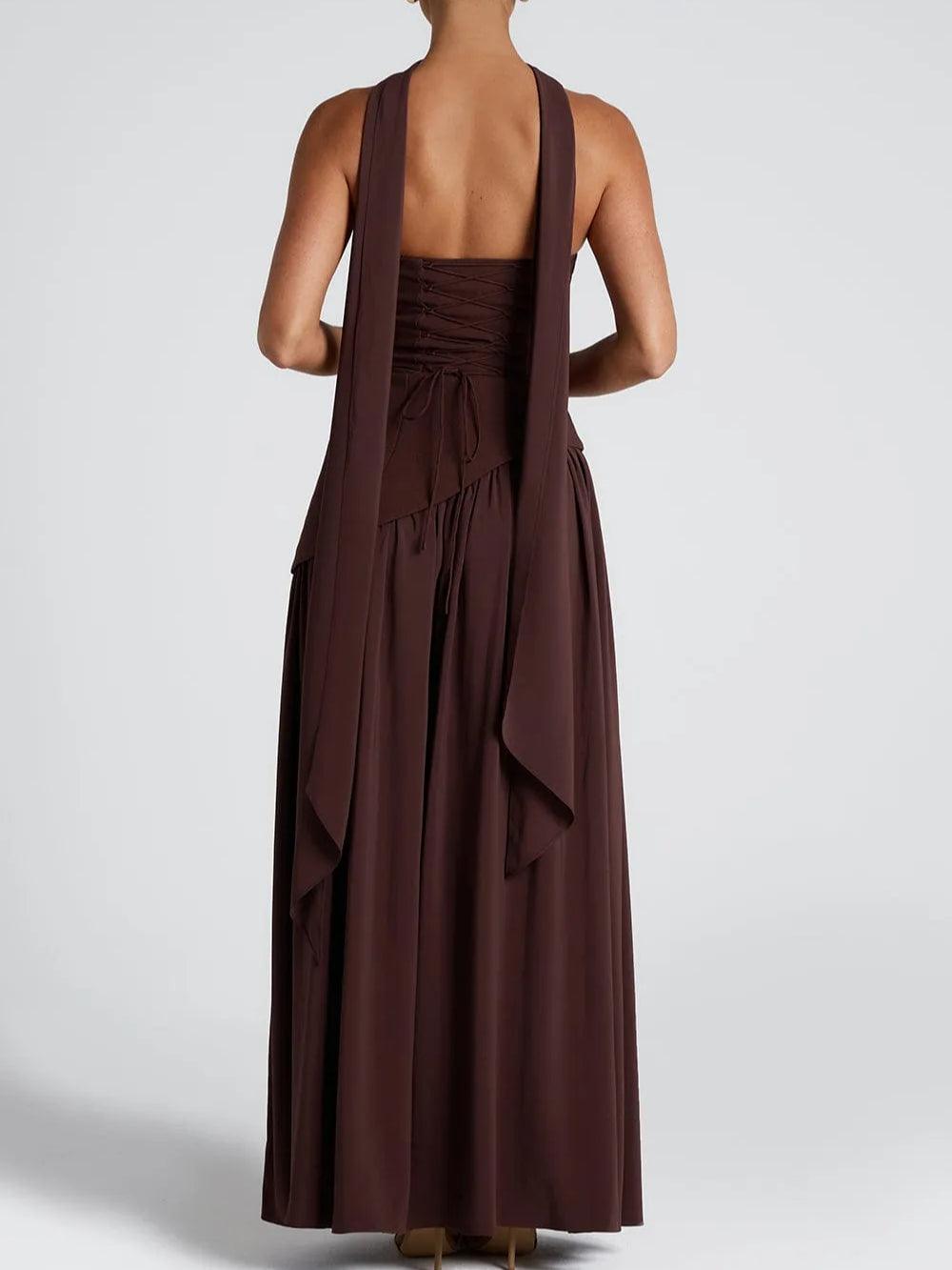 Back view of strapless wine maxi dress with layered ruffle skirt