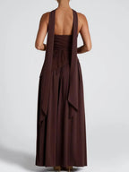 Back view of strapless wine maxi dress with layered ruffle skirt
