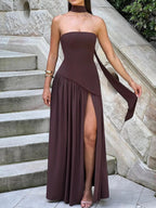 Strapless wine maxi dress with gathered tier skirt and thigh slit