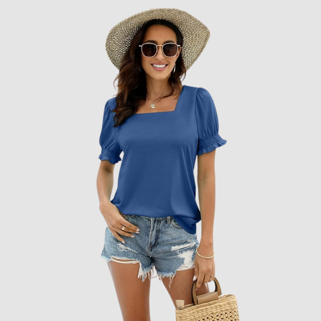 Square-neck blouse in navy blue with puff sleeves and gathered cuffs