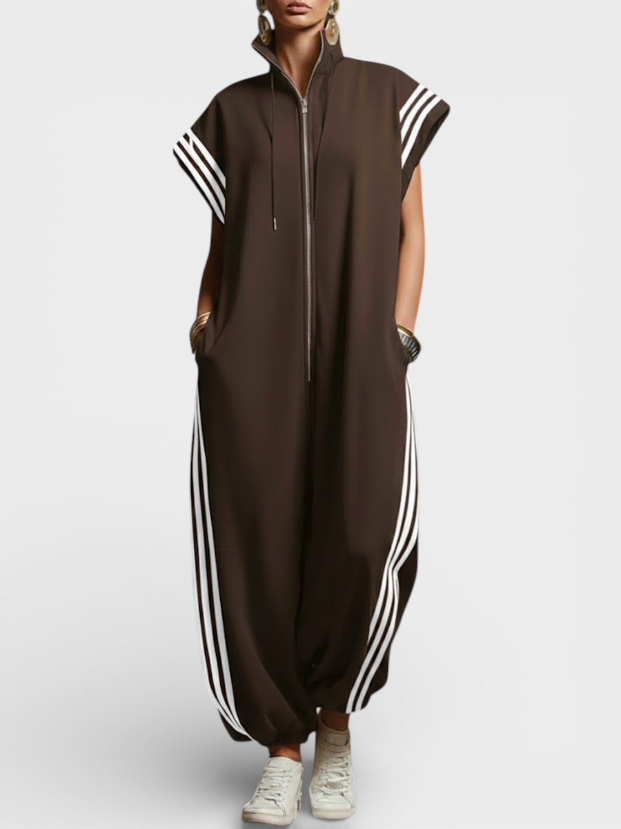Brown zip-neck jumpsuit with drawcord hood and side triple stripe accents