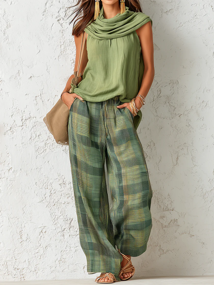 Relaxed two-piece set: sage green cowl-neck top and plaid wide-leg pants