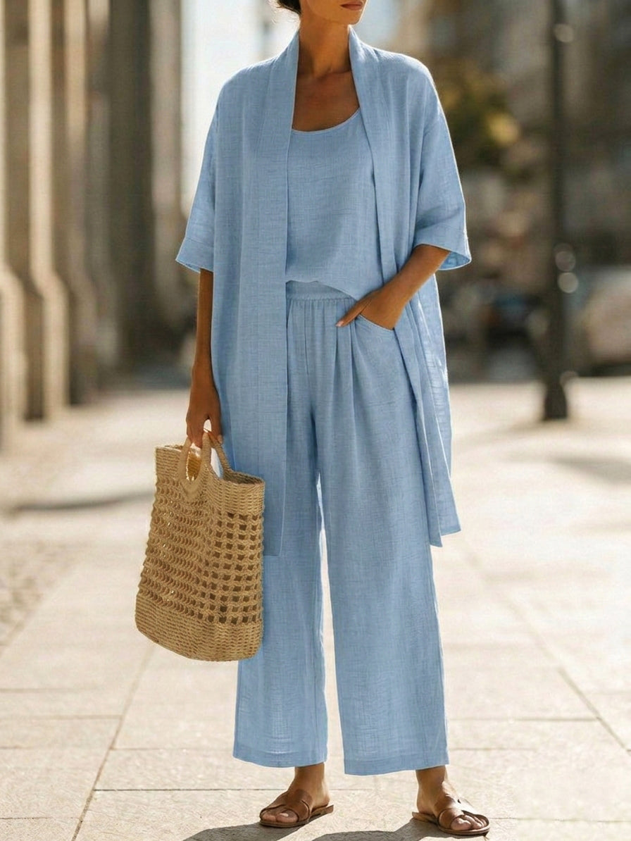 Lorrin™ elegant set in light blue: kimono cardigan layered with wide-leg jumpsuit