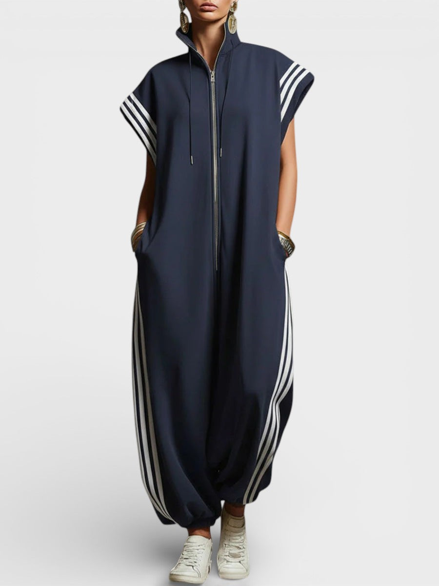 Navy zip-neck jumpsuit with drawcord hood and side triple stripe accents