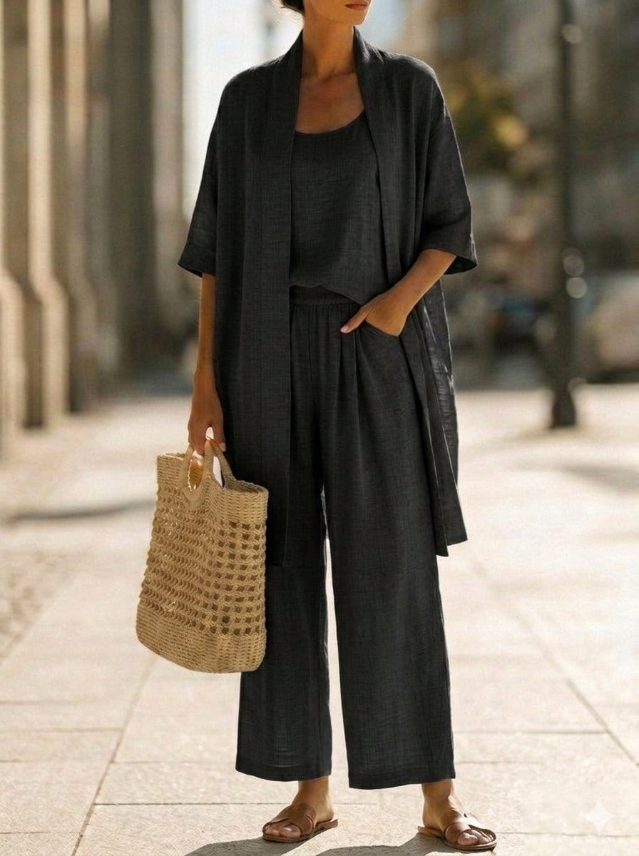 Lorrin™ elegant set in black: short-sleeve kimono layered with wide-leg jumpsuit
