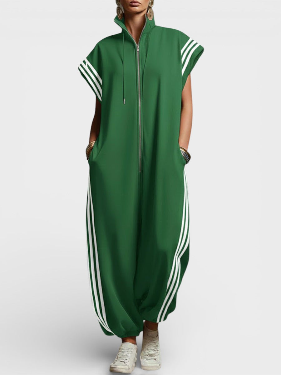 Green zip-neck jumpsuit with drawcord hood and side triple stripe accents