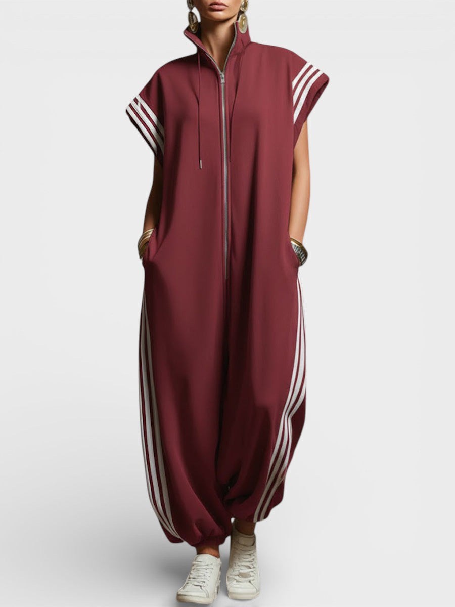 Burgundy zip-neck jumpsuit with drawcord hood and side triple stripe accents