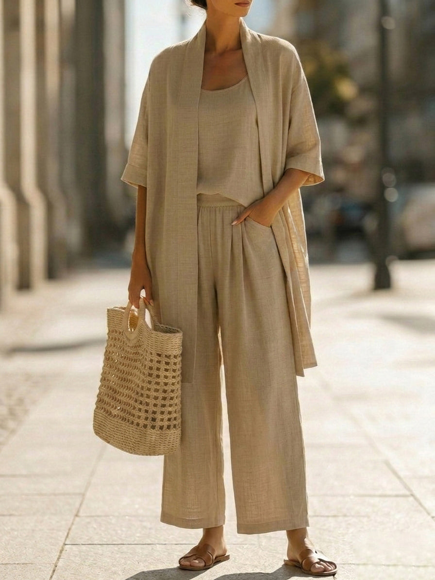 Lorrin™ elegant set in beige: short-sleeve kimono layered with wide-leg jumpsuit