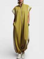 Yellow zip-neck jumpsuit with drawcord hood and side triple stripe accents