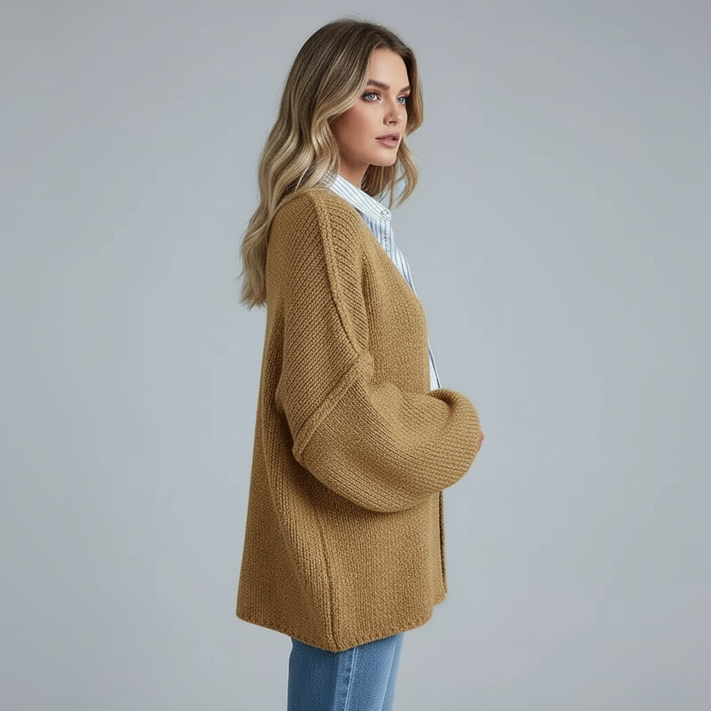 Caramel relaxed knit cardigan, side view with open front and ribbed cuffs