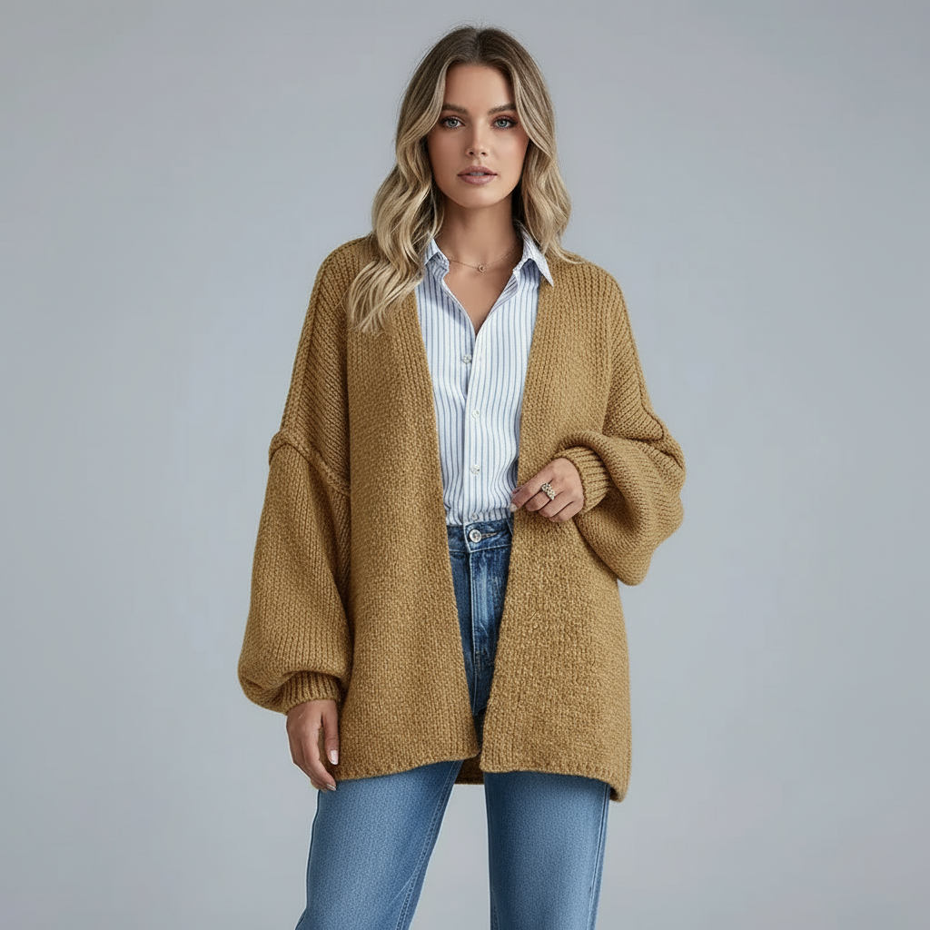 Caramel oversized knit cardigan with open front and long sleeves