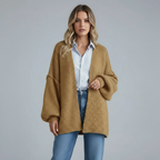 Caramel oversized knit cardigan with open front and long sleeves
