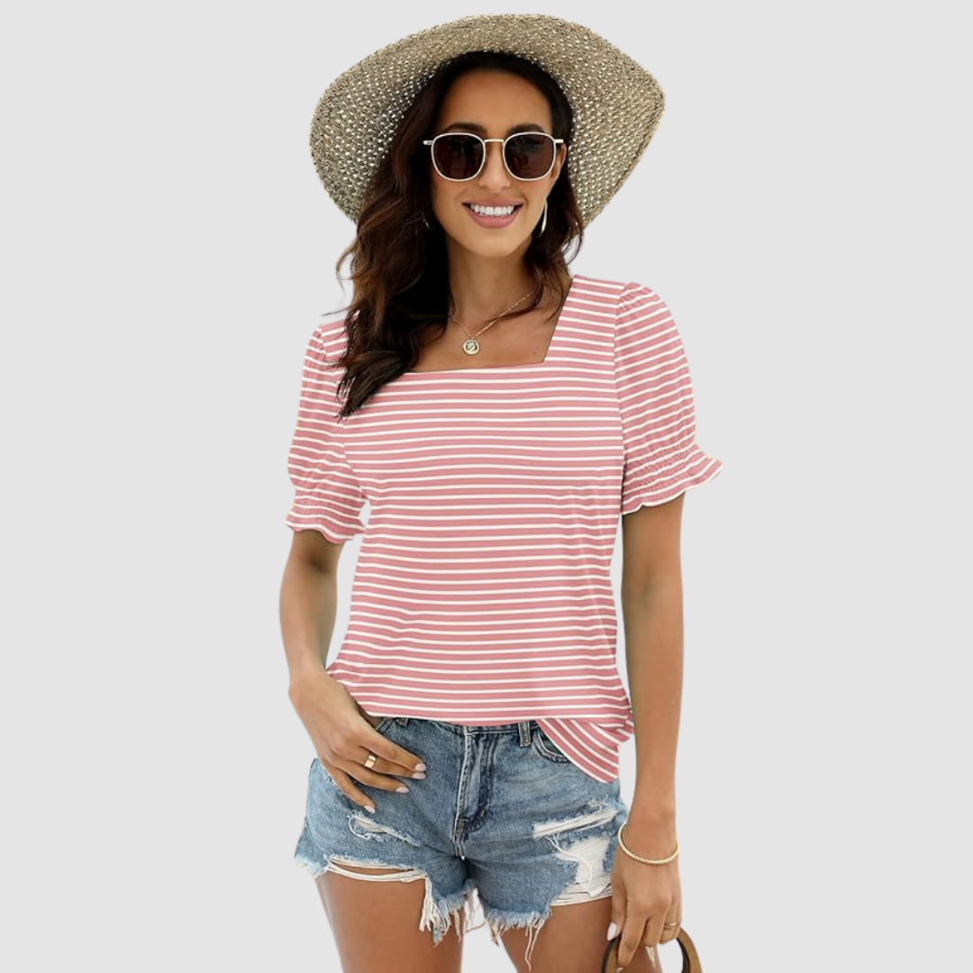 Square-neck striped top with short flutter sleeves, coral-and-white horizontal stripes