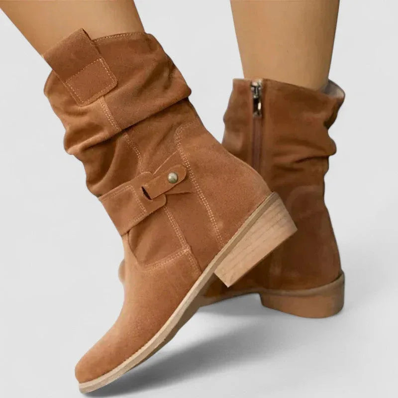 Tan-brown suede western boots with side zipper, buckle strap, stacked block heel