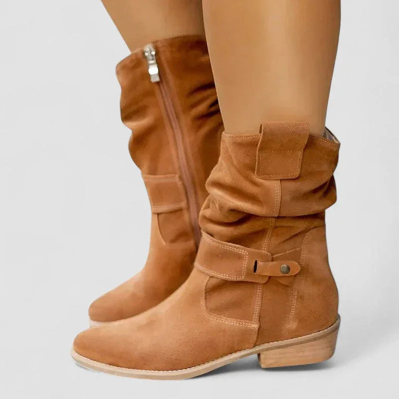 Brown suede western boots with side zipper, buckle strap cuff, mid block heel