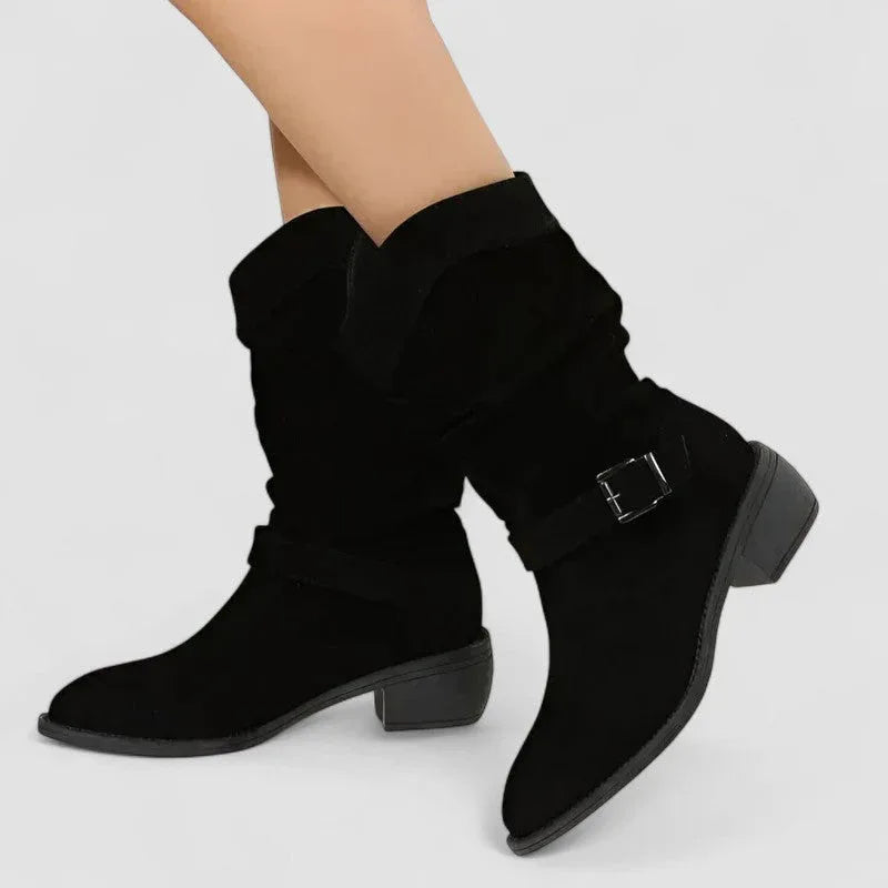 Black suede western boots with side buckle and low block heel, pull-on ankle height
