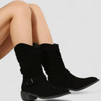 Black suede western boots with buckle strap, mid block heel and pointed toe