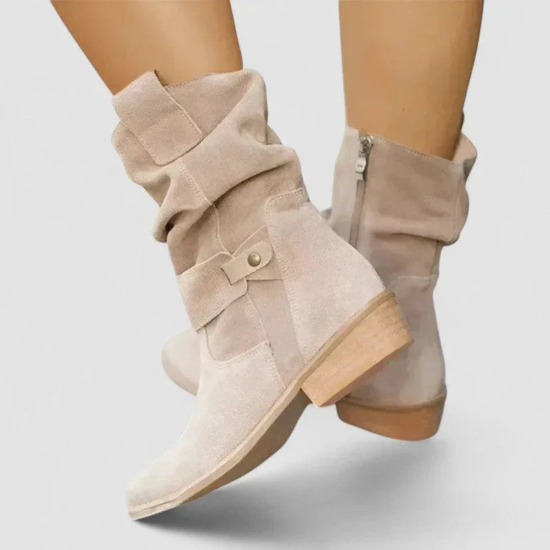 Beige suede western boots with side zipper and double strap detail, chunky block heel