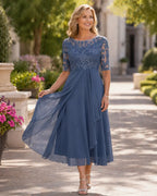 Blue lace bodice elegant midi dress with 3/4 sleeves and flowing chiffon skirt