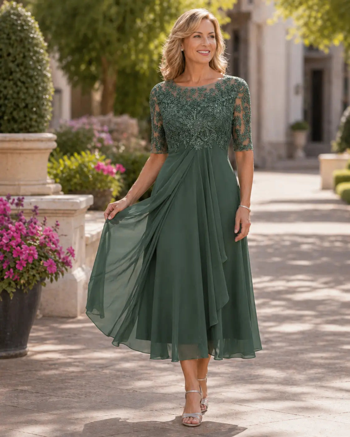 Green lace bodice elegant midi dress with 3/4 sleeves and layered chiffon skirt