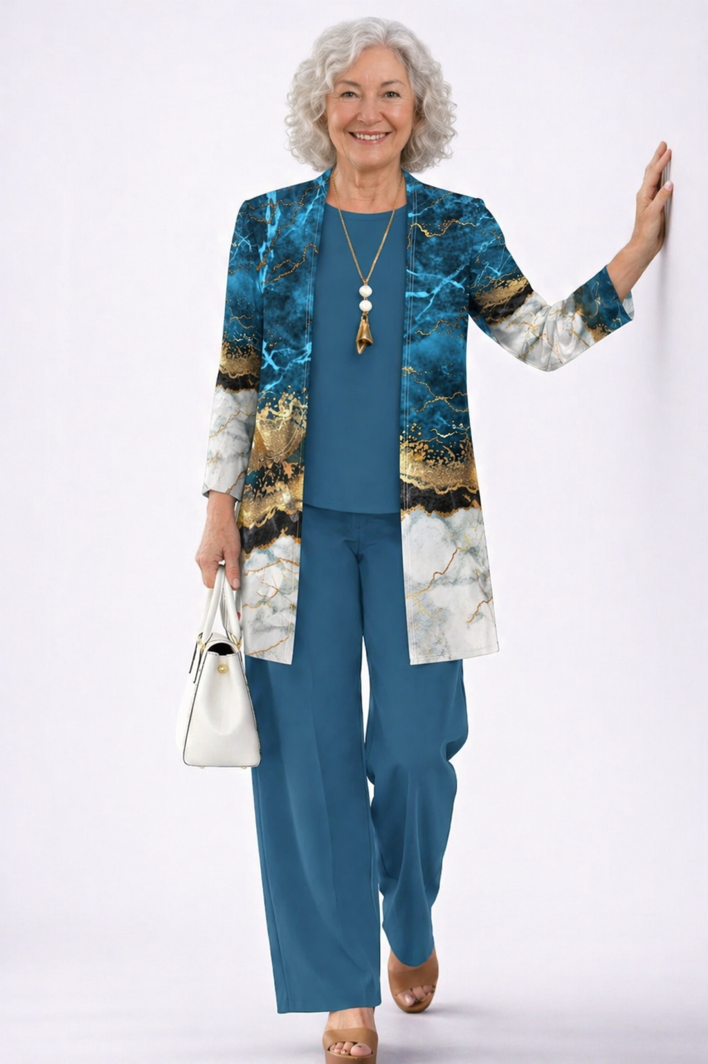 Women’s blue and gold 3-piece outfit: long marble jacket, teal top, matching pants