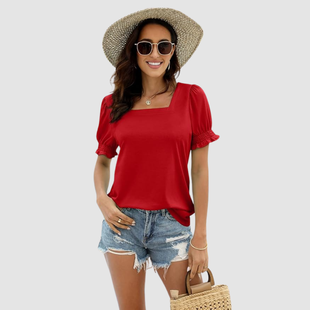 Square-neck blouse in red with puff sleeves and gathered cuffs
