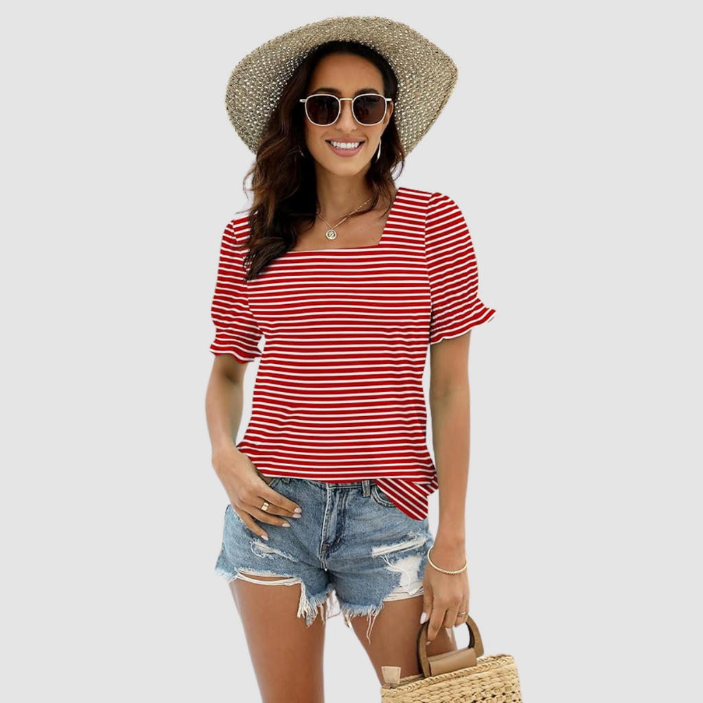 Square-neck striped blouse in red and white with puff sleeves and gathered cuffs