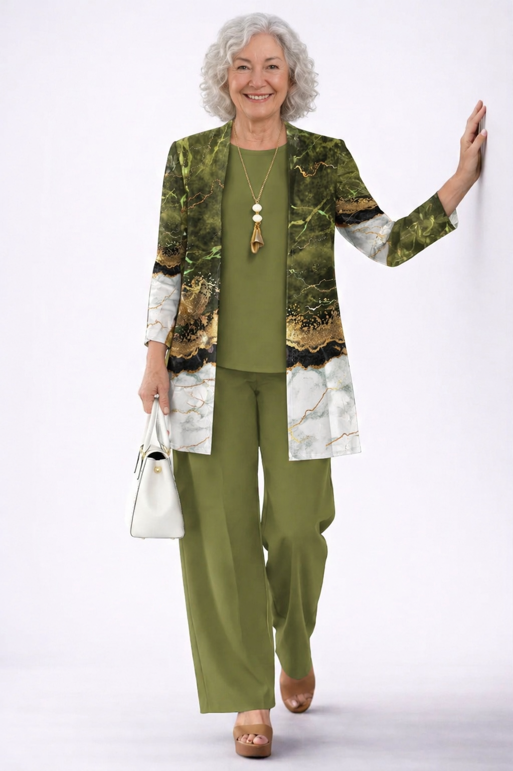 Women's 3-piece set in olive green: open jacket, top, and straight-leg pants