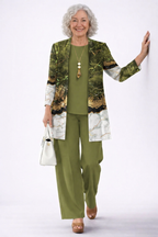 Women's 3-piece set in olive green: open jacket, top, and straight-leg pants