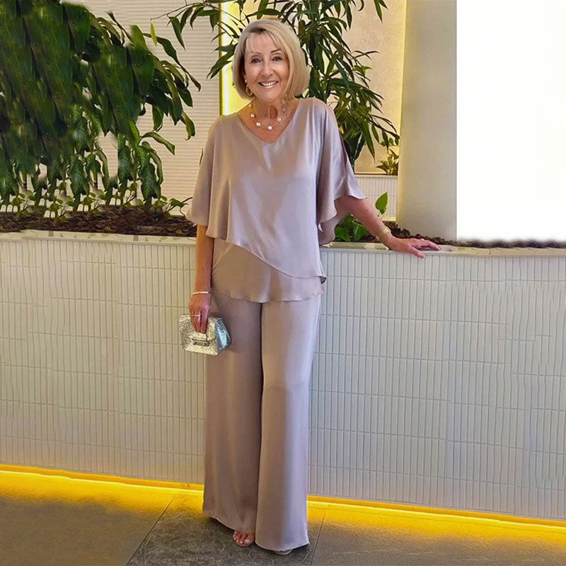 Khaki two-piece set with short-sleeve blouse and flowy wide-leg pants
