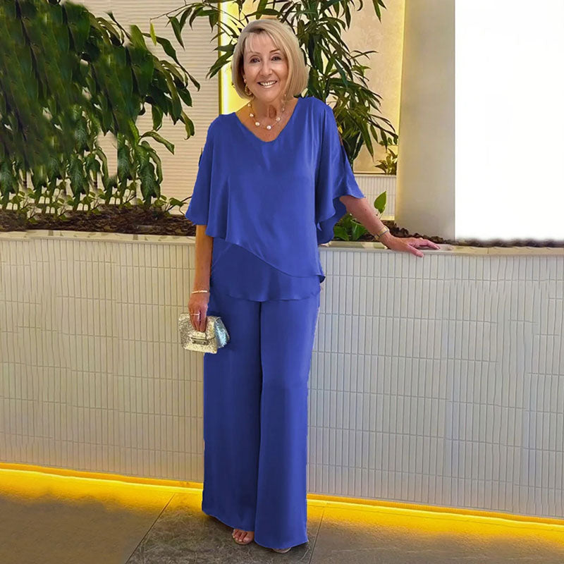 Blue two-piece set with short-sleeve blouse and wide-leg pants