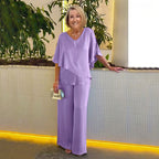 Lavender purple two-piece set with flutter sleeves and wide-leg pants